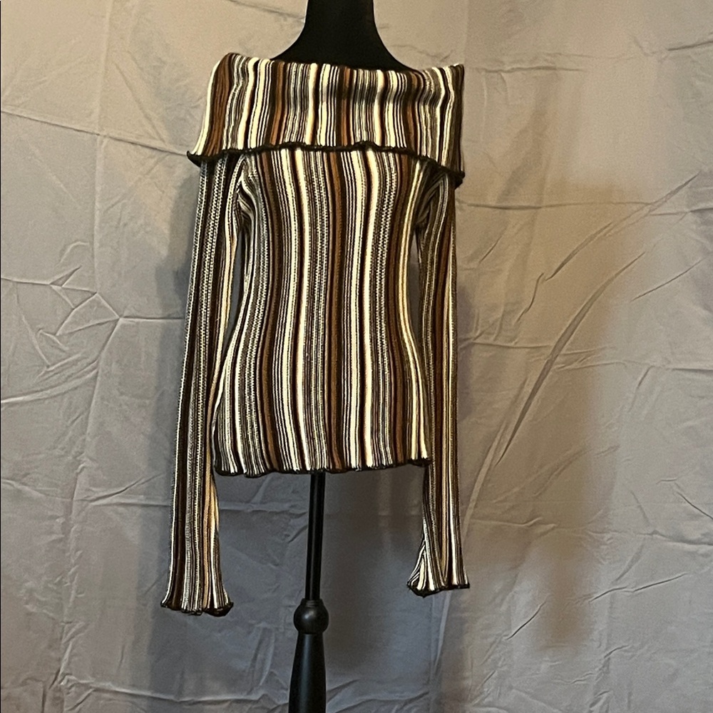 Mandee Off-Shoulder Sweater - Brown and Cream Stripes